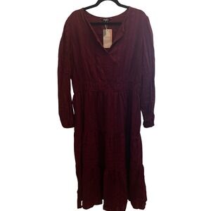 BTFBM Women Wine Red Long Sleeve Tiered Midi Dress Smocked Waist Cotton XXL NWT